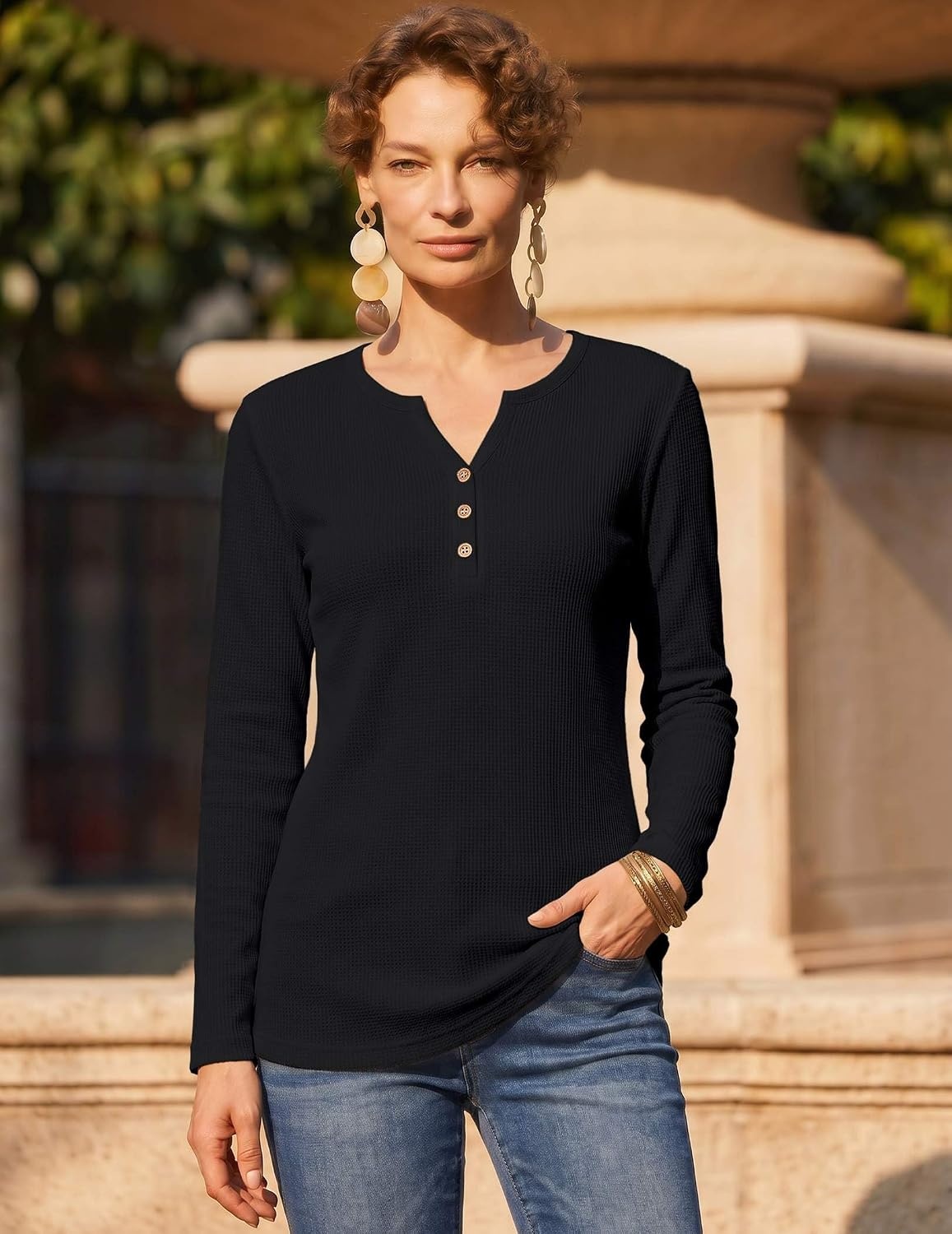 image:imageZeagoo Womens Long Sleeve Waffle Knit Shirts Dressy Casual Loose Button Up V Neck Tops 2026 Fall Basic Tee BlouseBlack