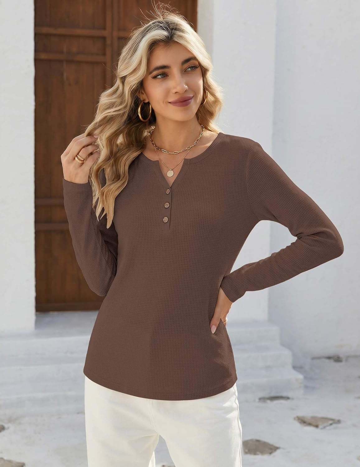 image:imageZeagoo Womens Long Sleeve Waffle Knit Shirts Dressy Casual Loose Button Up V Neck Tops 2026 Fall Basic Tee BlouseBrown