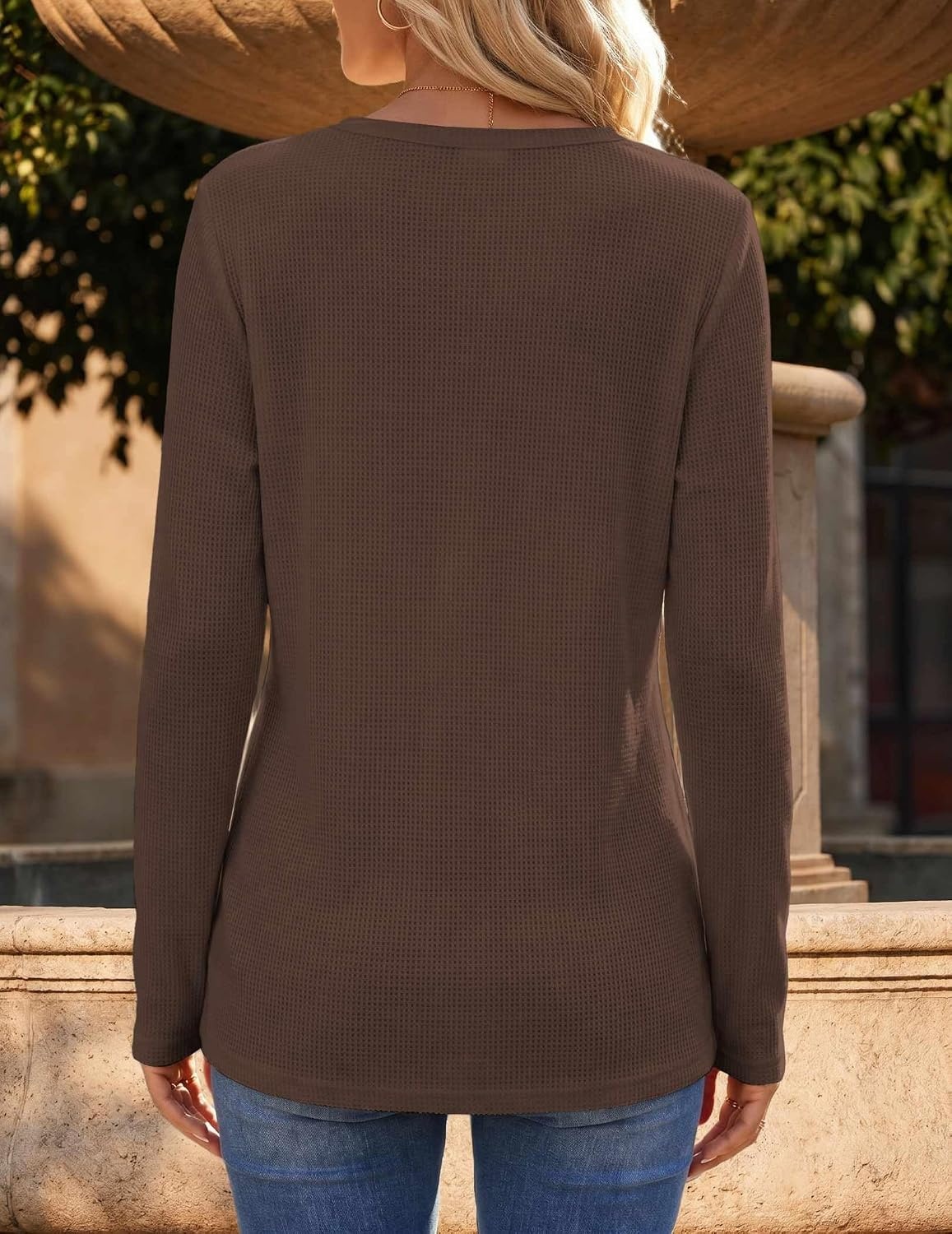 image:imageZeagoo Womens Long Sleeve Waffle Knit Shirts Dressy Casual Loose Button Up V Neck Tops 2026 Fall Basic Tee BlouseBrown