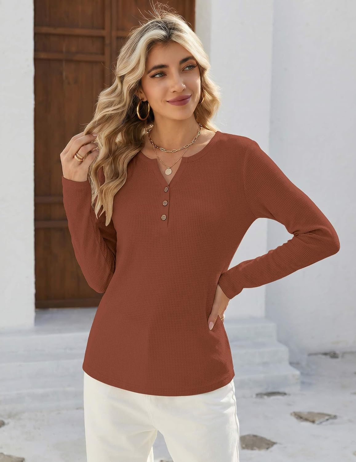 image:imageZeagoo Womens Long Sleeve Waffle Knit Shirts Dressy Casual Loose Button Up V Neck Tops 2026 Fall Basic Tee BlouseCaramel