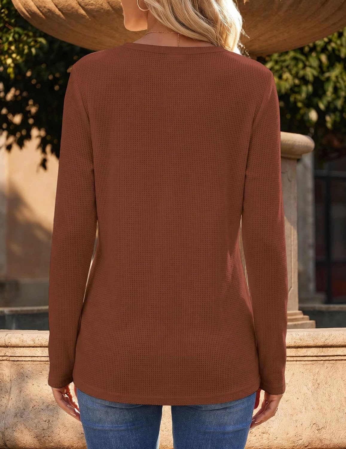 image:imageZeagoo Womens Long Sleeve Waffle Knit Shirts Dressy Casual Loose Button Up V Neck Tops 2026 Fall Basic Tee BlouseCaramel