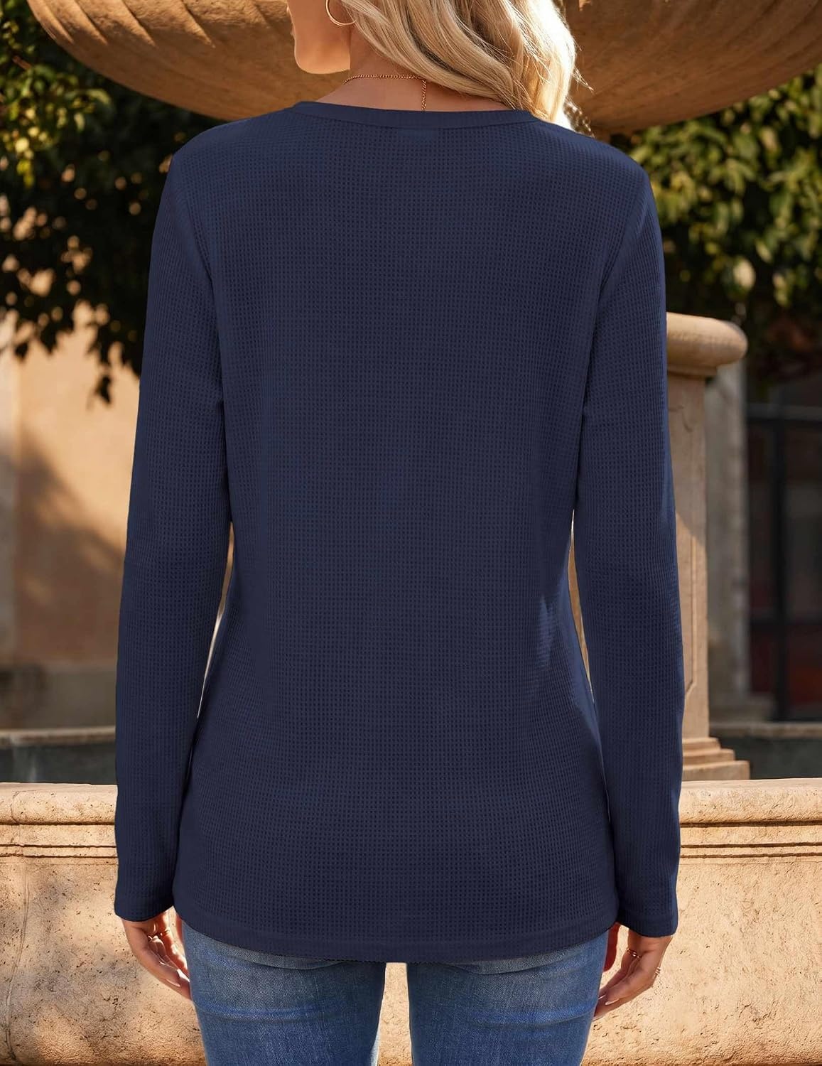 image:imageZeagoo Womens Long Sleeve Waffle Knit Shirts Dressy Casual Loose Button Up V Neck Tops 2026 Fall Basic Tee BlouseDark Blue