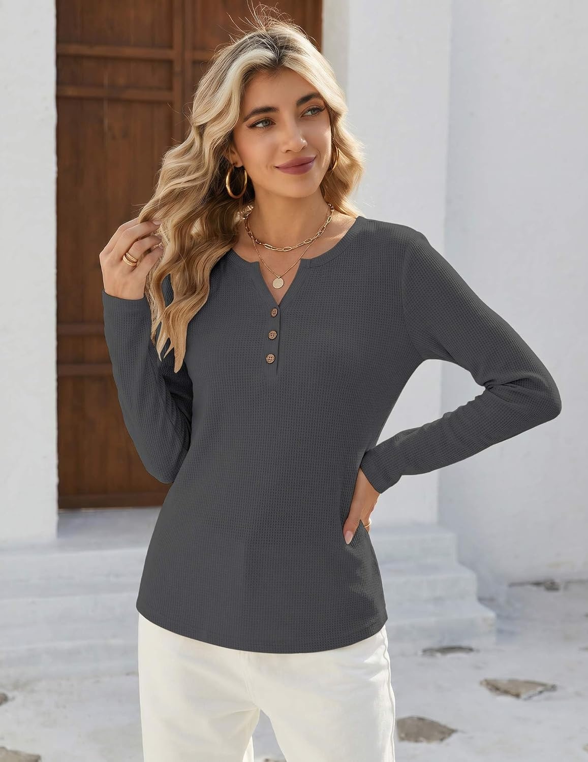 image:imageZeagoo Womens Long Sleeve Waffle Knit Shirts Dressy Casual Loose Button Up V Neck Tops 2026 Fall Basic Tee BlouseDark Grey