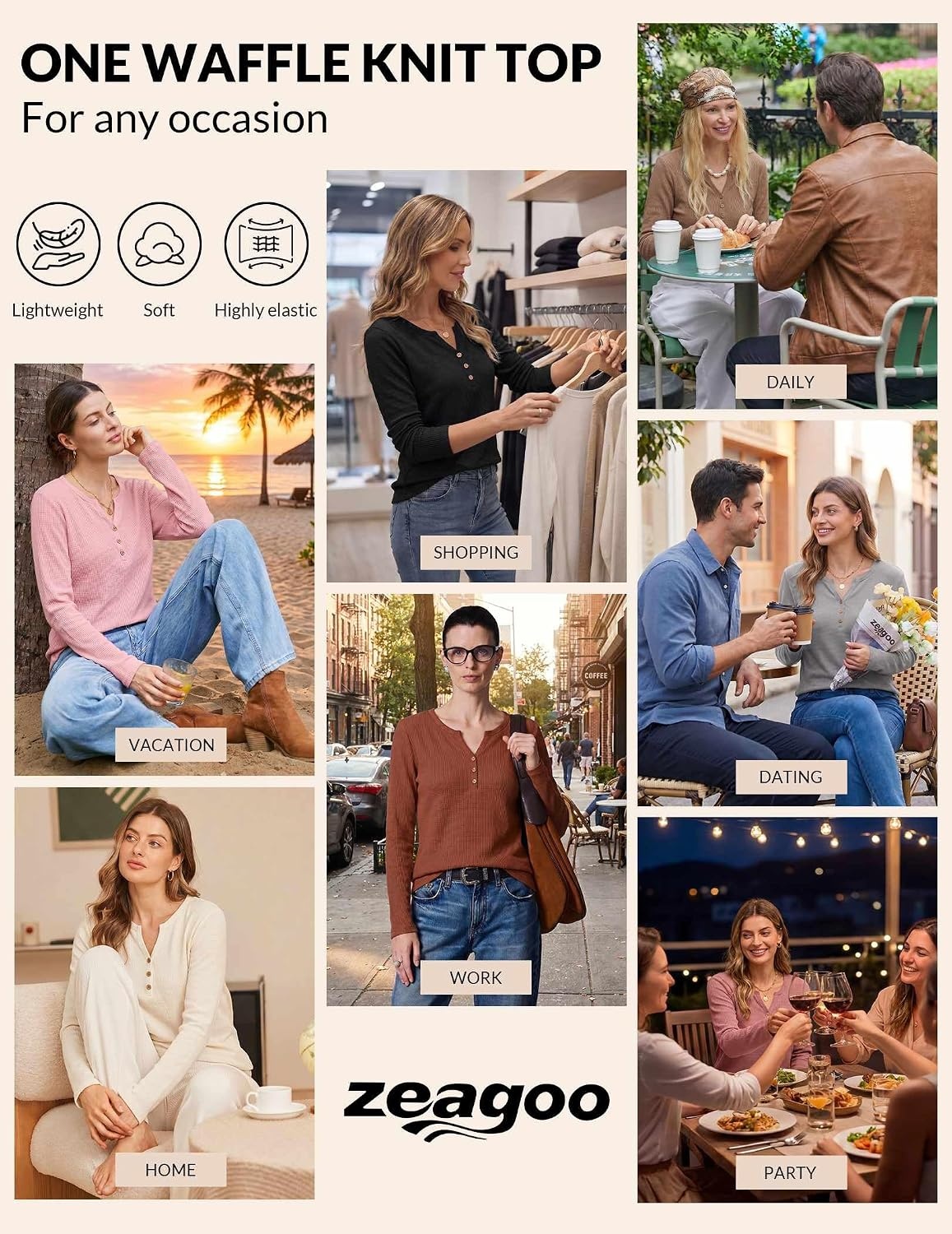 image:imageZeagoo Womens Long Sleeve Waffle Knit Shirts Dressy Casual Loose Button Up V Neck Tops 2026 Fall Basic Tee BlouseDark Grey