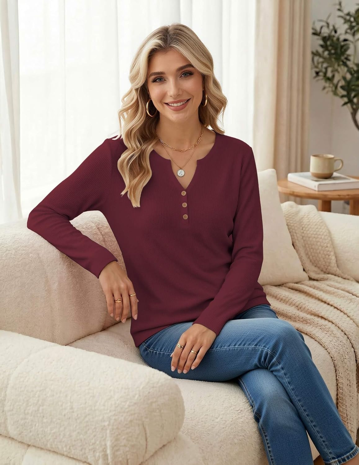 image:imageZeagoo Womens Long Sleeve Waffle Knit Shirts Dressy Casual Loose Button Up V Neck Tops 2026 Fall Basic Tee BlouseDark Red