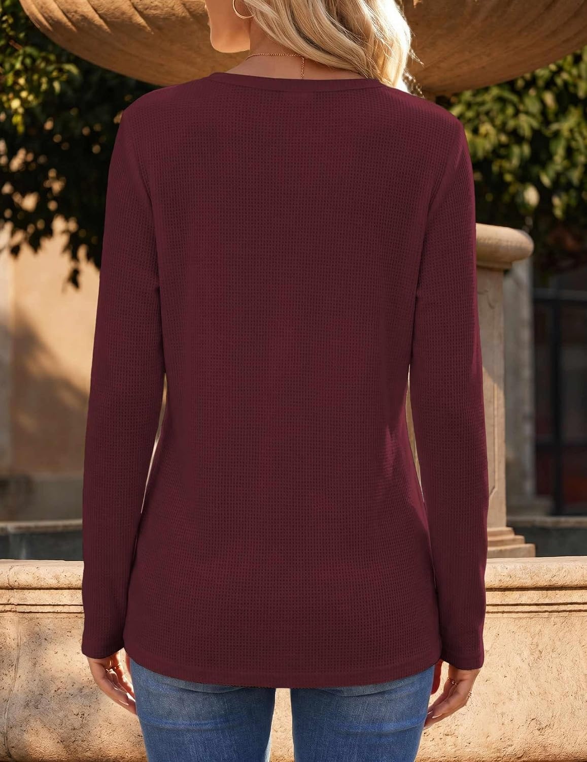 image:imageZeagoo Womens Long Sleeve Waffle Knit Shirts Dressy Casual Loose Button Up V Neck Tops 2026 Fall Basic Tee BlouseDark Red