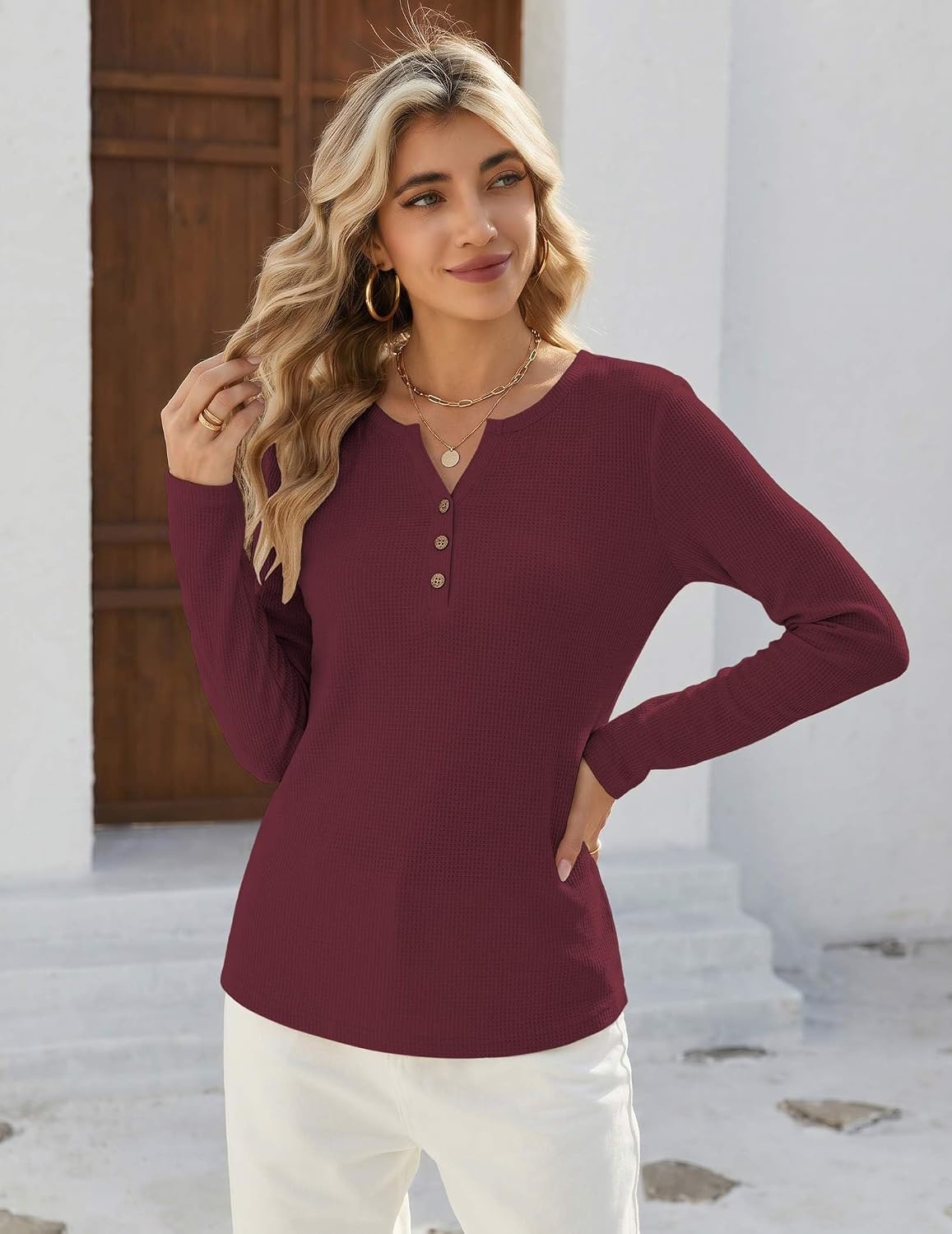 image:imageZeagoo Womens Long Sleeve Waffle Knit Shirts Dressy Casual Loose Button Up V Neck Tops 2026 Fall Basic Tee BlouseDark Red