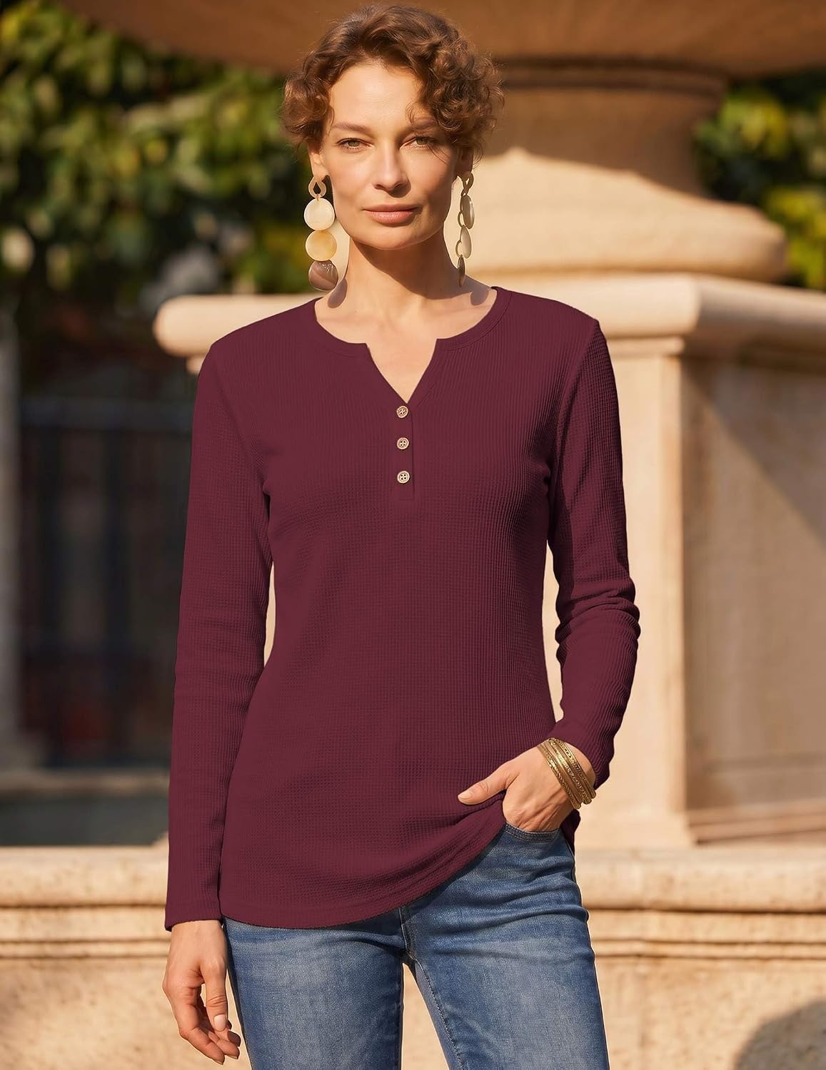 image:imageZeagoo Womens Long Sleeve Waffle Knit Shirts Dressy Casual Loose Button Up V Neck Tops 2026 Fall Basic Tee BlouseDark Red