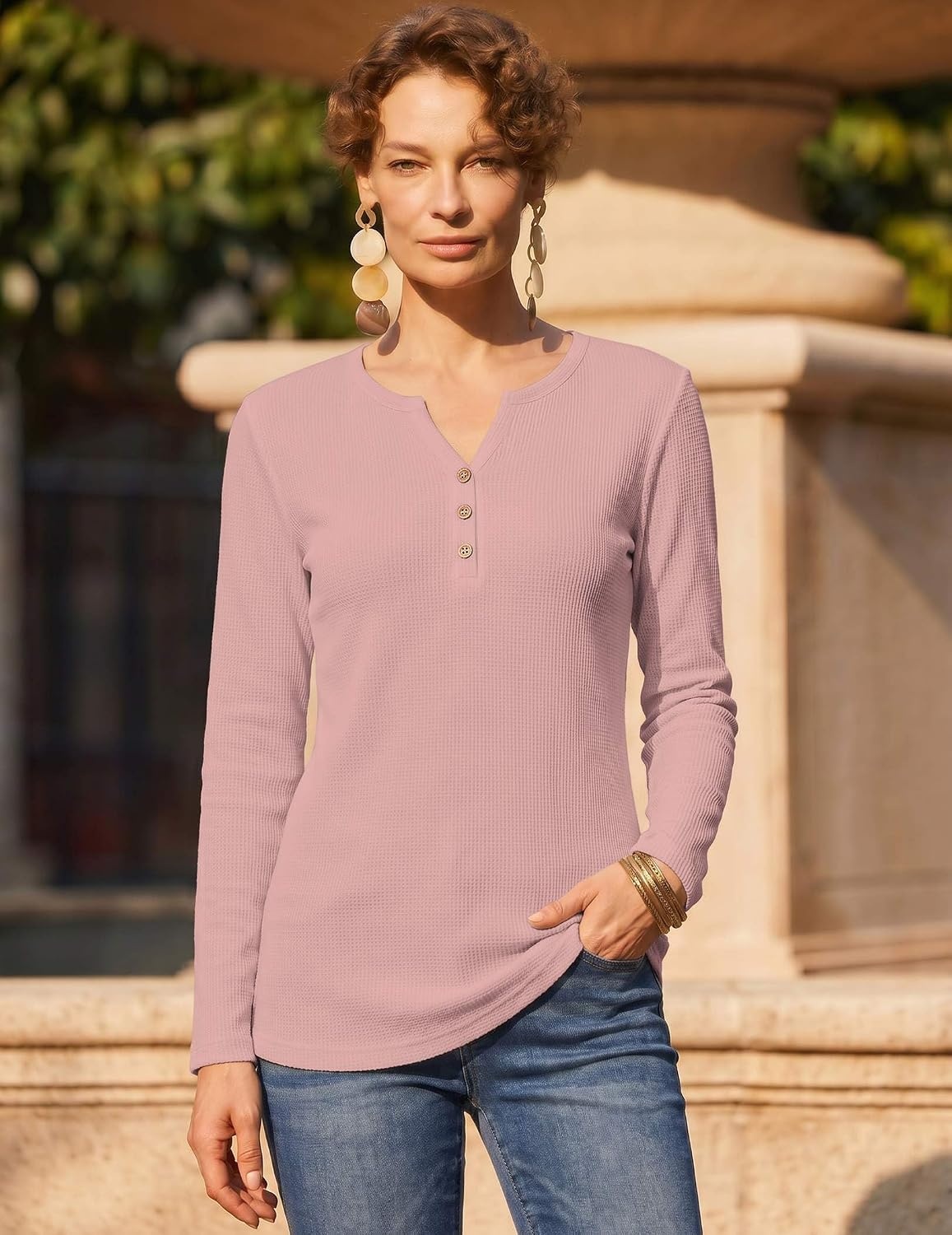 image:imageZeagoo Womens Long Sleeve Waffle Knit Shirts Dressy Casual Loose Button Up V Neck Tops 2026 Fall Basic Tee BlouseDusty Pink