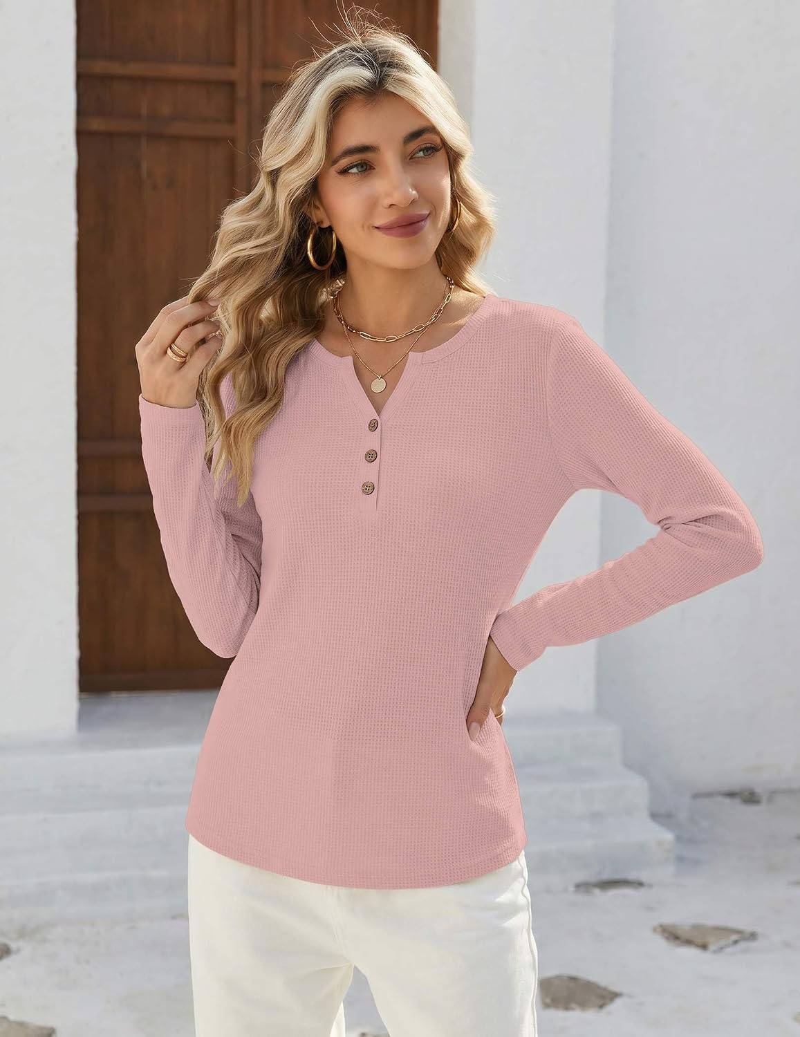 image:imageZeagoo Womens Long Sleeve Waffle Knit Shirts Dressy Casual Loose Button Up V Neck Tops 2026 Fall Basic Tee BlouseDusty Pink