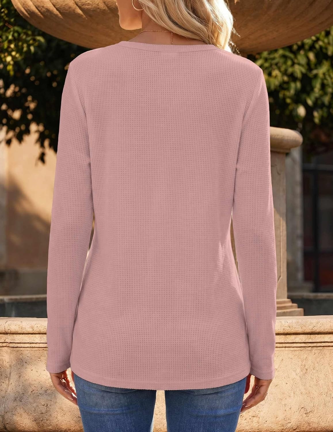 image:imageZeagoo Womens Long Sleeve Waffle Knit Shirts Dressy Casual Loose Button Up V Neck Tops 2026 Fall Basic Tee BlouseDusty Pink