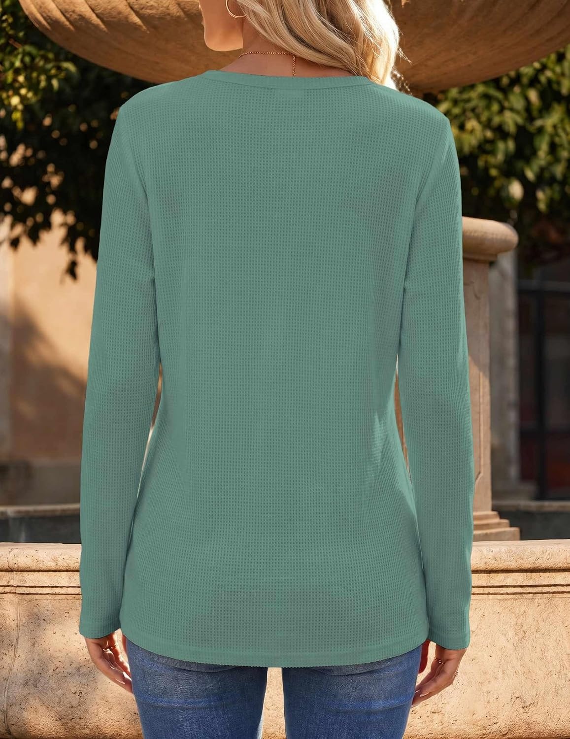 image:imageZeagoo Womens Long Sleeve Waffle Knit Shirts Dressy Casual Loose Button Up V Neck Tops 2026 Fall Basic Tee BlouseGrayish Green