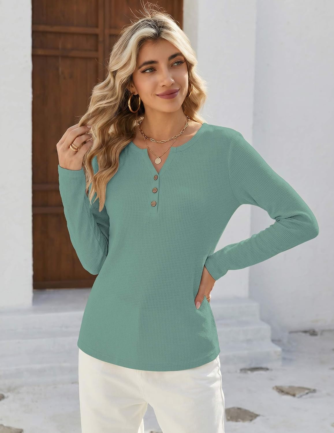 image:imageZeagoo Womens Long Sleeve Waffle Knit Shirts Dressy Casual Loose Button Up V Neck Tops 2026 Fall Basic Tee BlouseGrayish Green