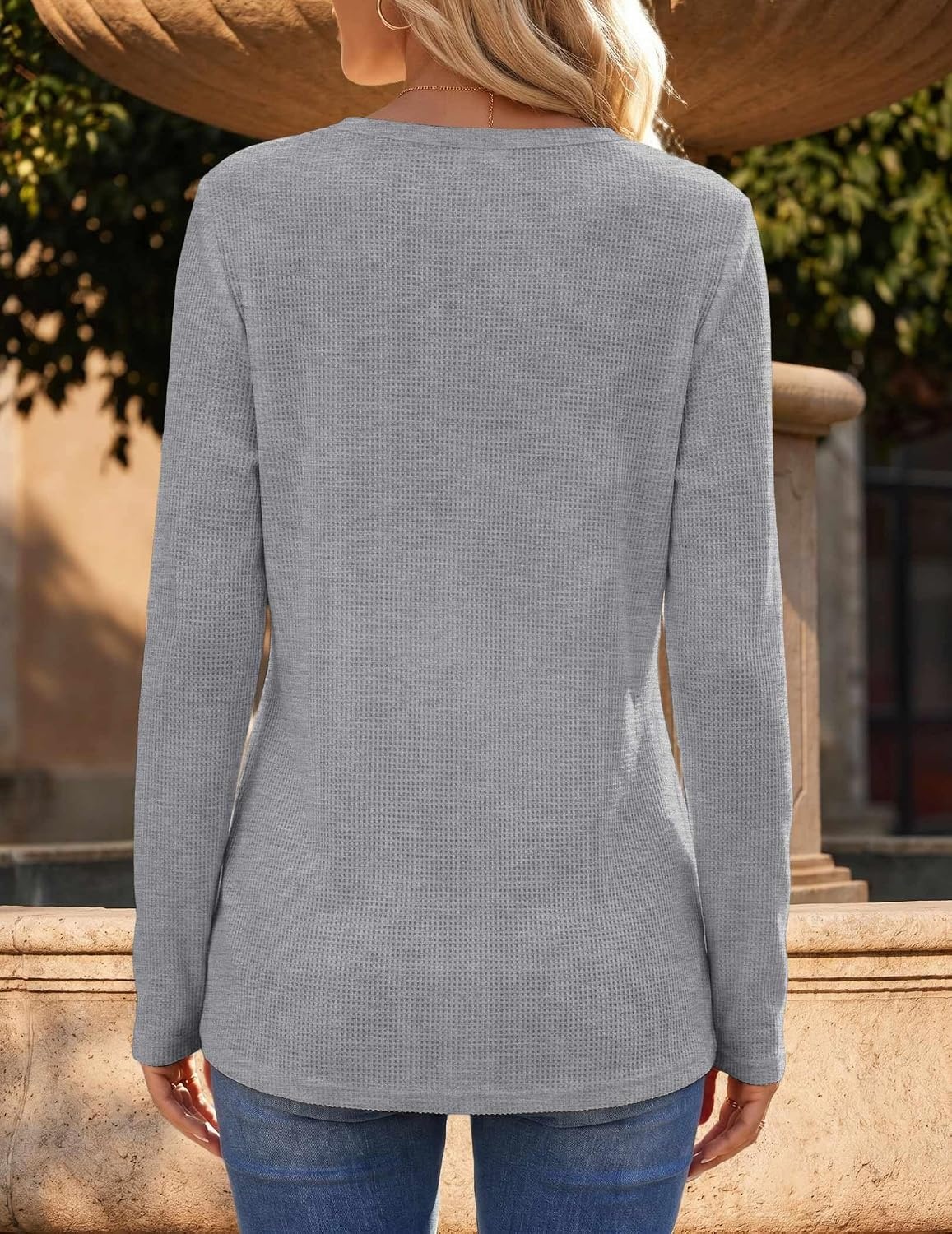 image:imageZeagoo Womens Long Sleeve Waffle Knit Shirts Dressy Casual Loose Button Up V Neck Tops 2026 Fall Basic Tee BlouseLight Grey
