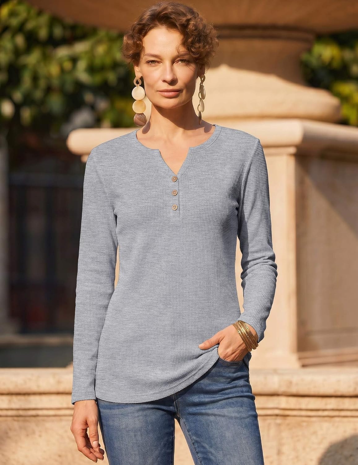 image:imageZeagoo Womens Long Sleeve Waffle Knit Shirts Dressy Casual Loose Button Up V Neck Tops 2026 Fall Basic Tee BlouseLight Grey