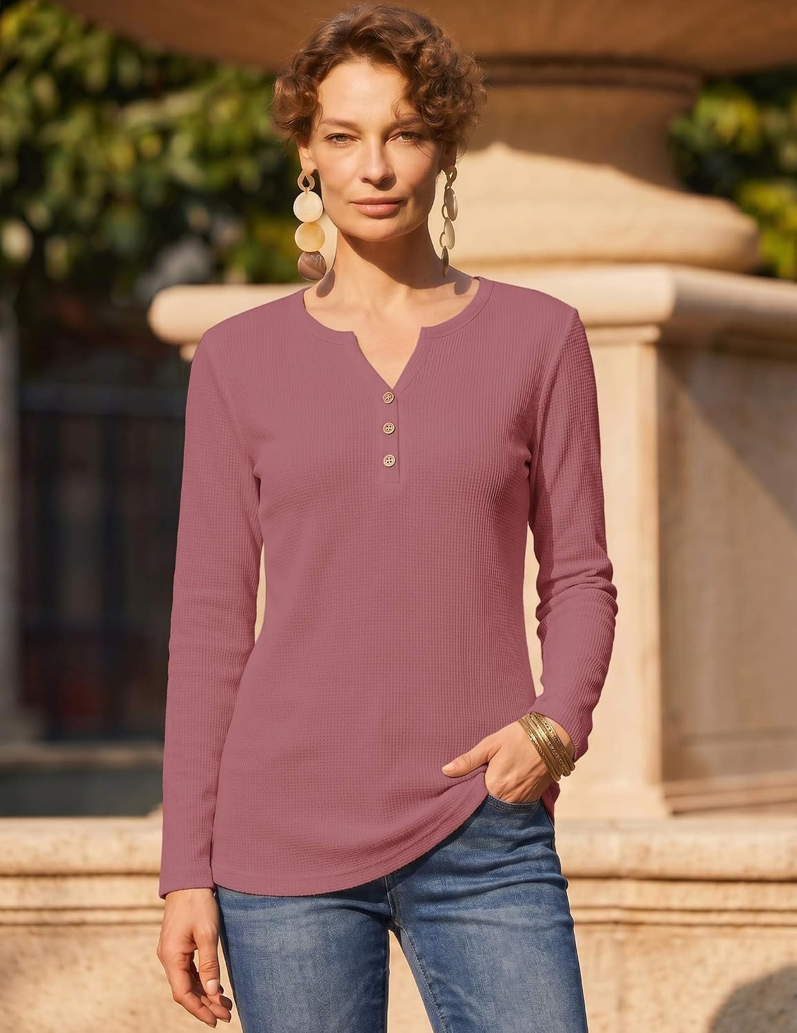 image:imageZeagoo Womens Long Sleeve Waffle Knit Shirts Dressy Casual Loose Button Up V Neck Tops 2026 Fall Basic Tee BlouseMauve