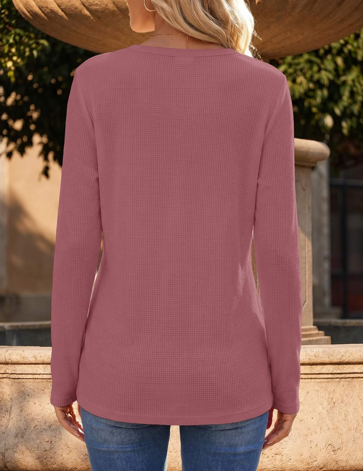 image:imageZeagoo Womens Long Sleeve Waffle Knit Shirts Dressy Casual Loose Button Up V Neck Tops 2026 Fall Basic Tee BlouseMauve