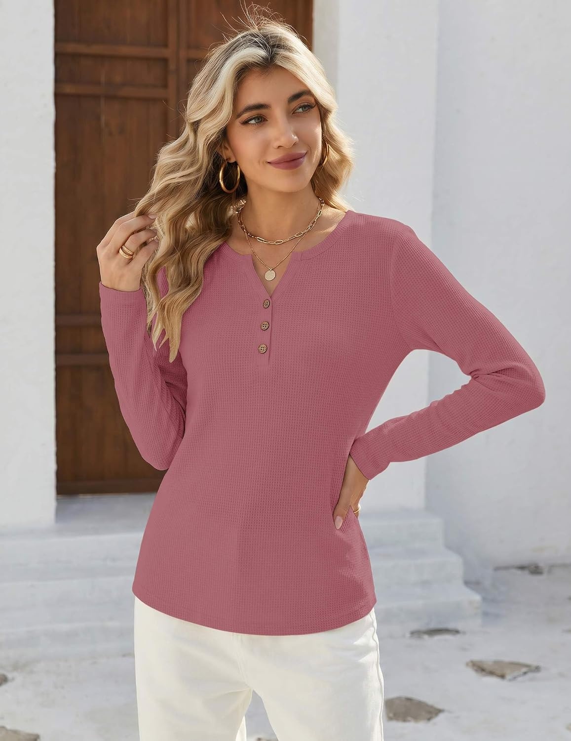image:imageZeagoo Womens Long Sleeve Waffle Knit Shirts Dressy Casual Loose Button Up V Neck Tops 2026 Fall Basic Tee BlouseMauve