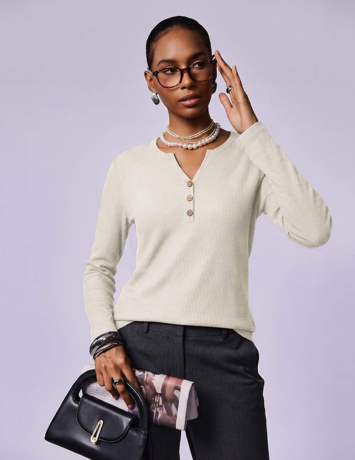 image:imageZeagoo Womens Long Sleeve Waffle Knit Shirts Dressy Casual Loose Button Up V Neck Tops 2026 Fall Basic Tee BlouseParchment
