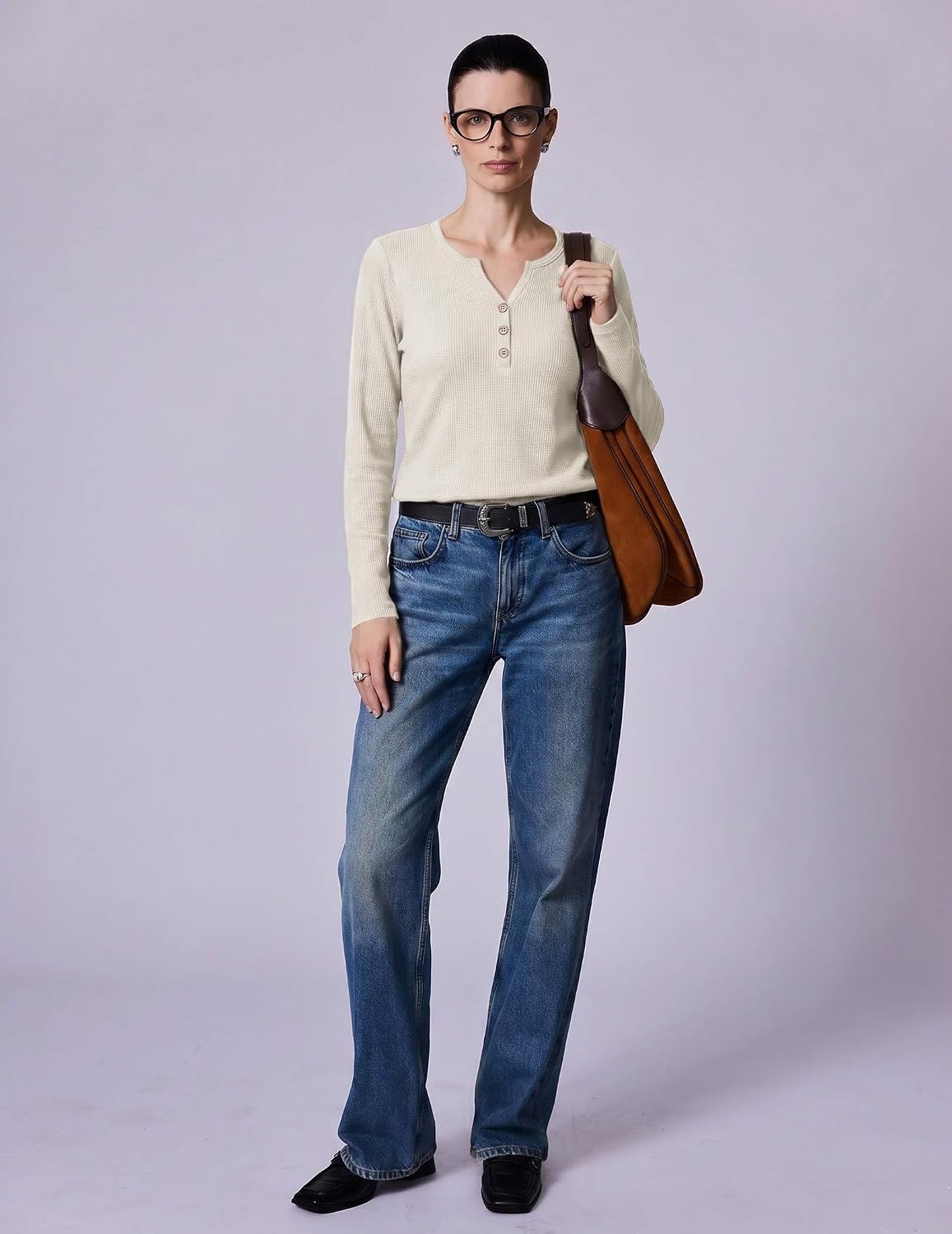 image:imageZeagoo Womens Long Sleeve Waffle Knit Shirts Dressy Casual Loose Button Up V Neck Tops 2026 Fall Basic Tee BlouseParchment