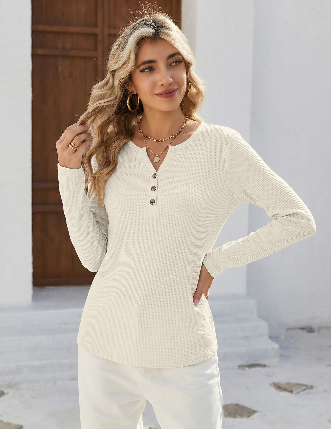 image:imageZeagoo Womens Long Sleeve Waffle Knit Shirts Dressy Casual Loose Button Up V Neck Tops 2026 Fall Basic Tee BlouseParchment