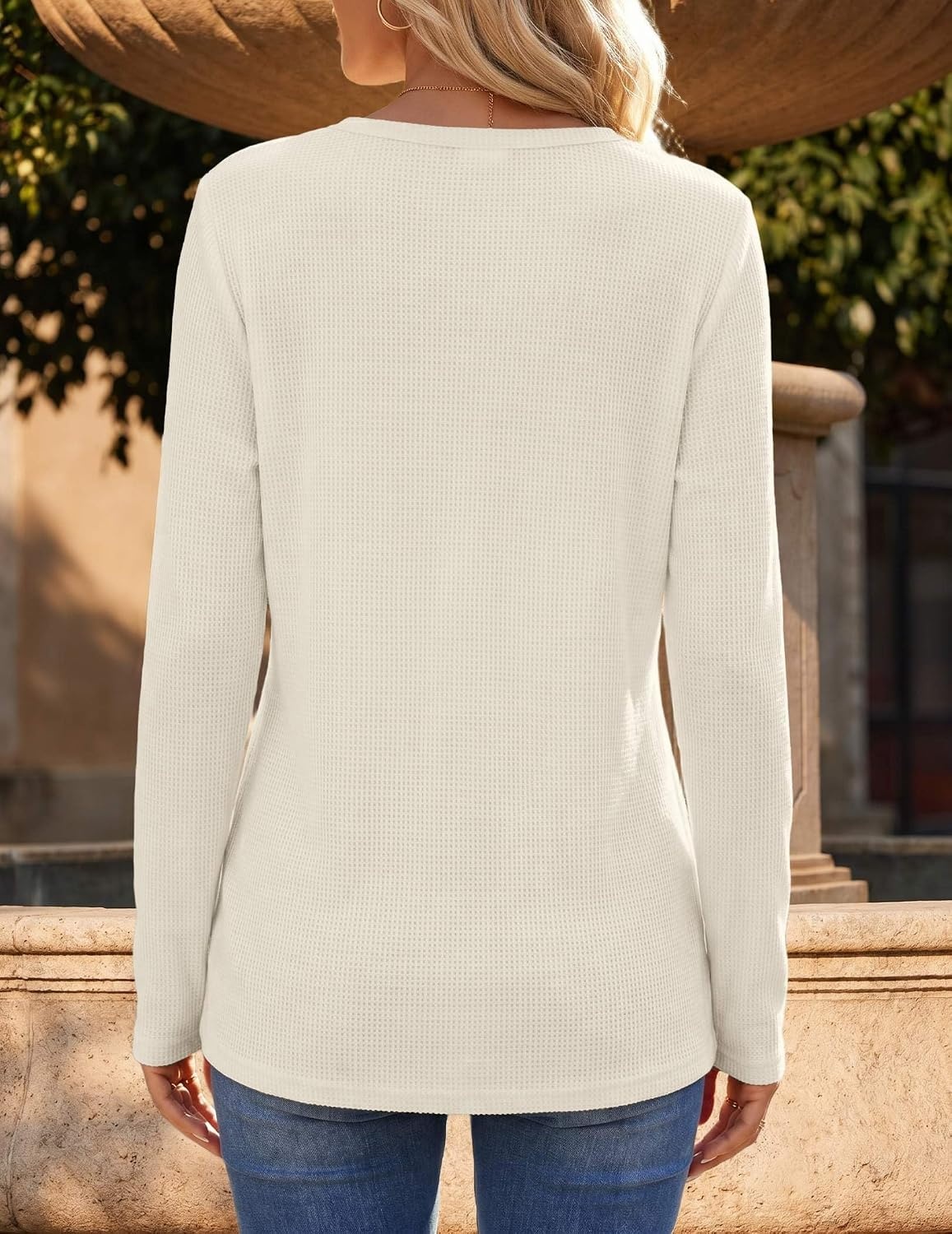 image:imageZeagoo Womens Long Sleeve Waffle Knit Shirts Dressy Casual Loose Button Up V Neck Tops 2026 Fall Basic Tee BlouseParchment