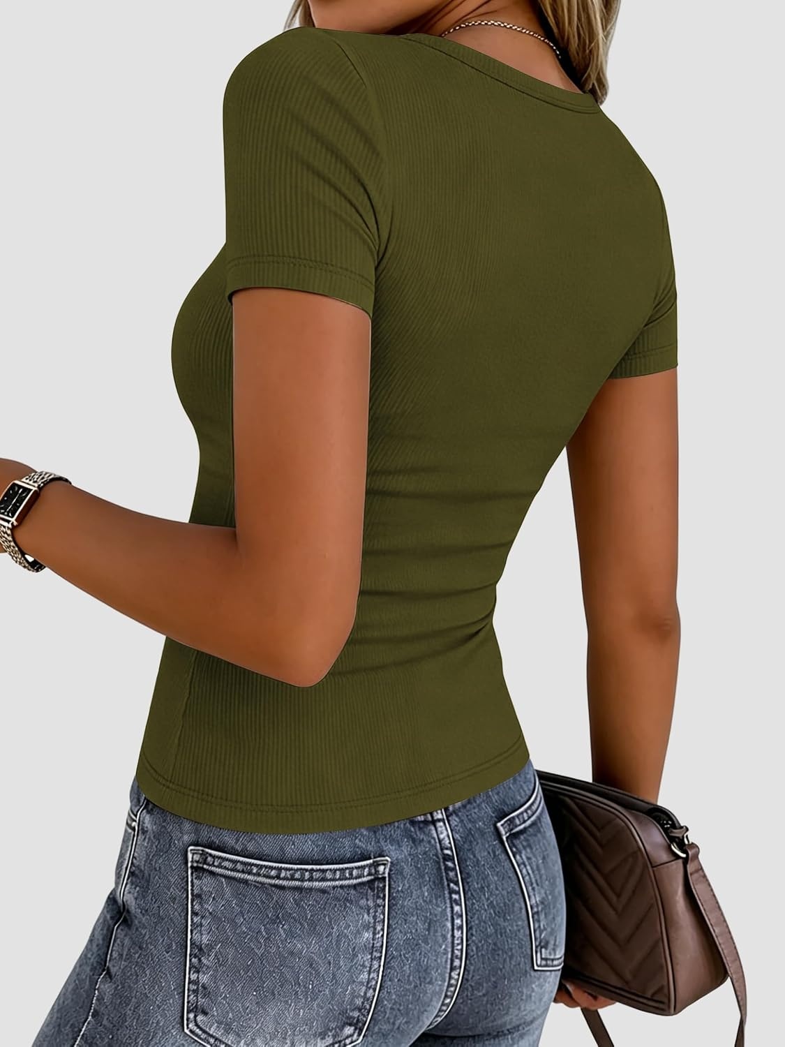 image:imageZeagoo Womens Ribbed Short Sleeve Tops Crewneck Stretch Basic Tshirt S2XLArmy Green