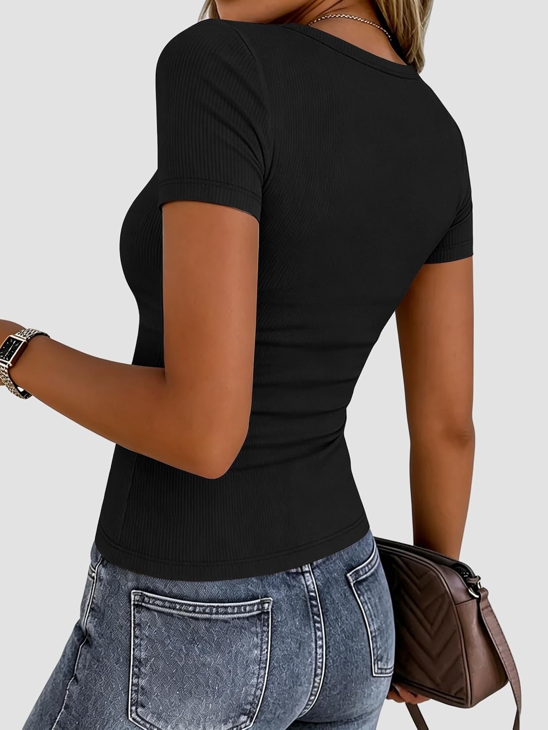 image:imageZeagoo Womens Ribbed Short Sleeve Tops Crewneck Stretch Basic Tshirt S2XLBlack