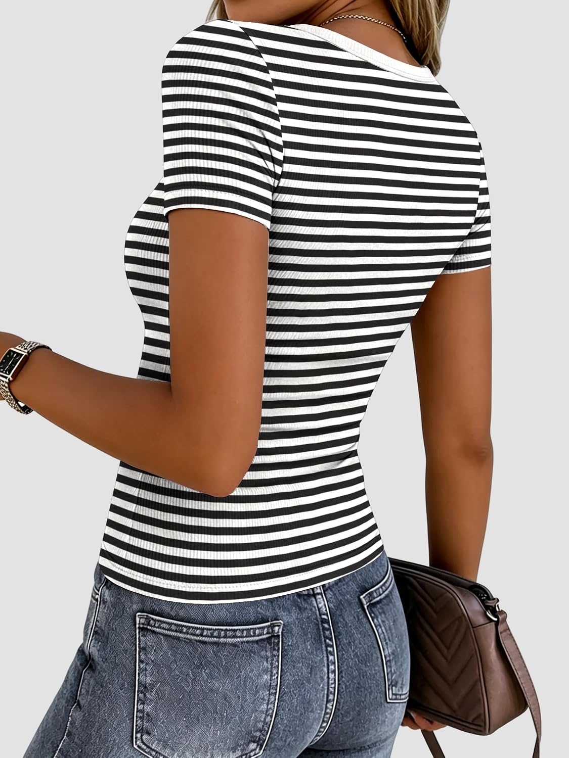 image:imageZeagoo Womens Ribbed Short Sleeve Tops Crewneck Stretch Basic Tshirt S2XLBlack Stripe