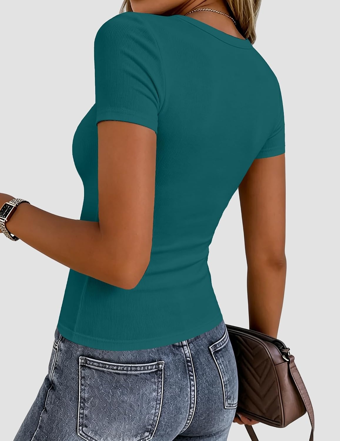 image:imageZeagoo Womens Ribbed Short Sleeve Tops Crewneck Stretch Basic Tshirt S2XLBlue Green