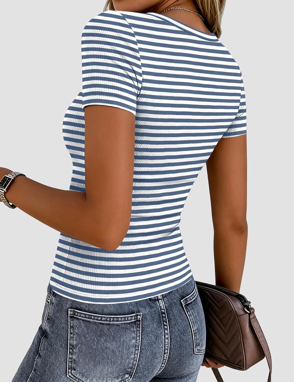 image:imageZeagoo Womens Ribbed Short Sleeve Tops Crewneck Stretch Basic Tshirt S2XLBlue Stripe