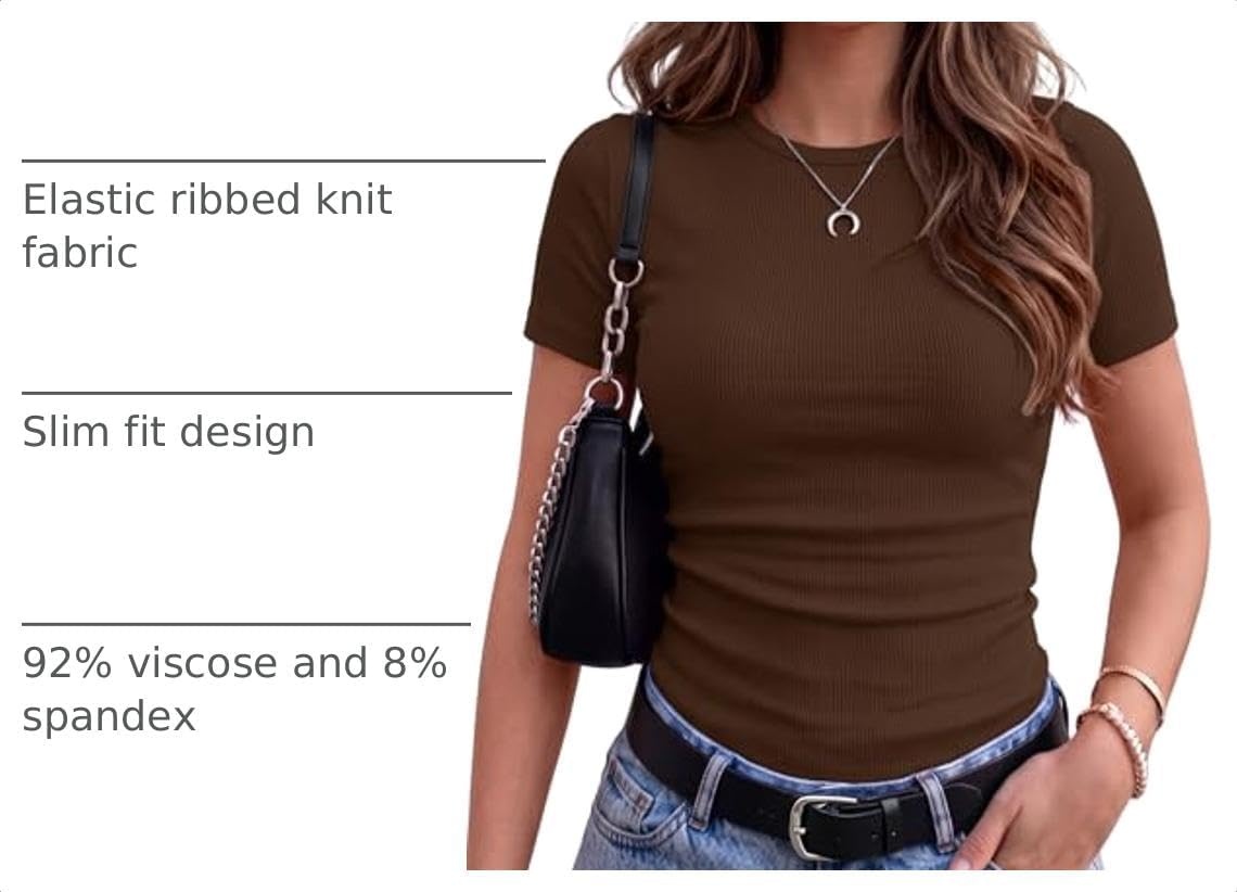 image:imageZeagoo Womens Ribbed Short Sleeve Tops Crewneck Stretch Basic Tshirt S2XLBrown