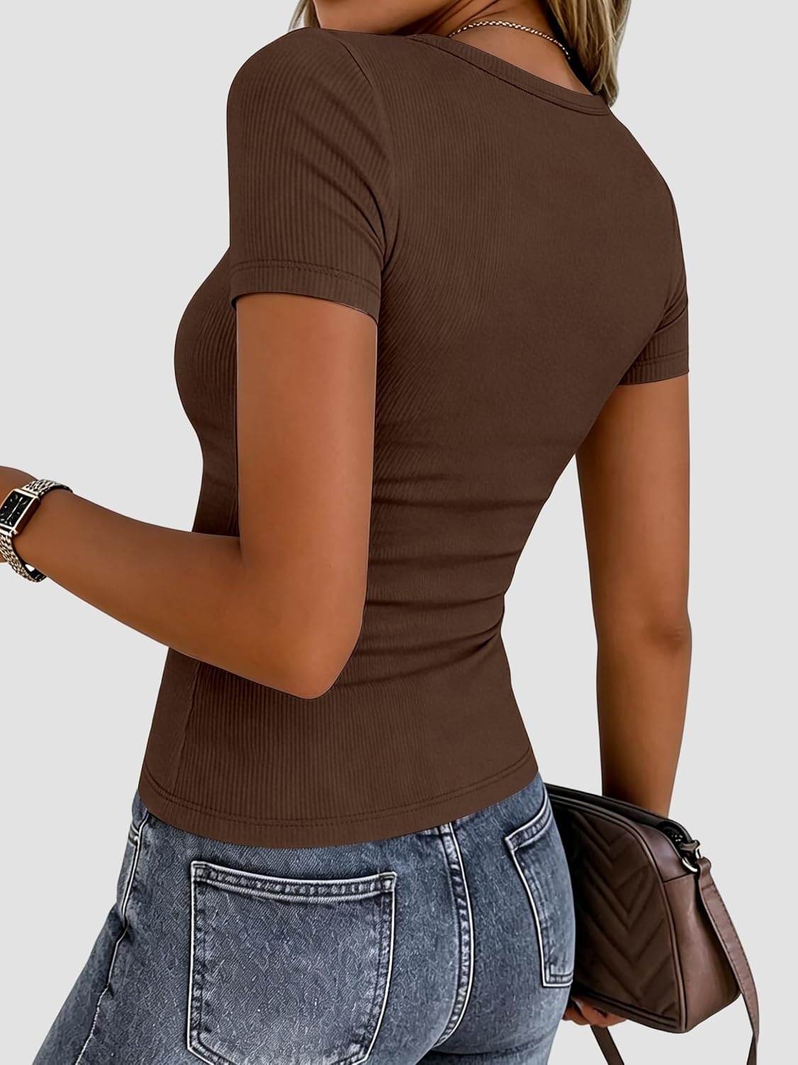 image:imageZeagoo Womens Ribbed Short Sleeve Tops Crewneck Stretch Basic Tshirt S2XLBrown