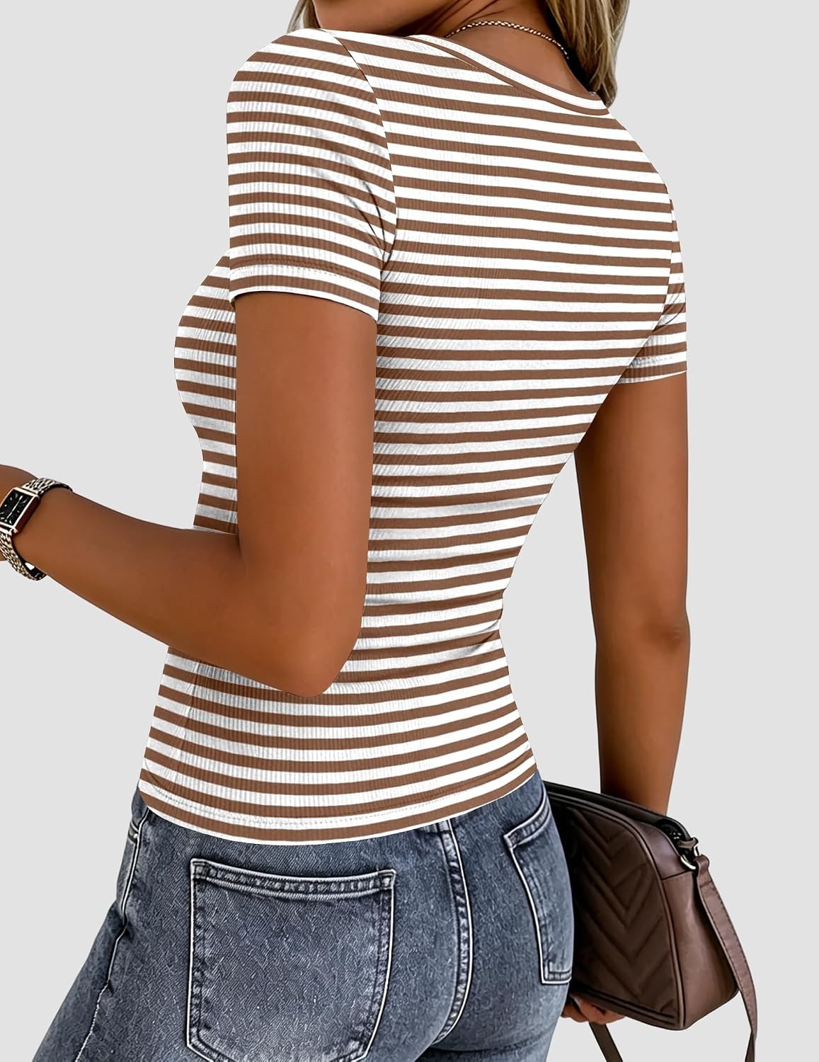 image:imageZeagoo Womens Ribbed Short Sleeve Tops Crewneck Stretch Basic Tshirt S2XLBrown Stripe