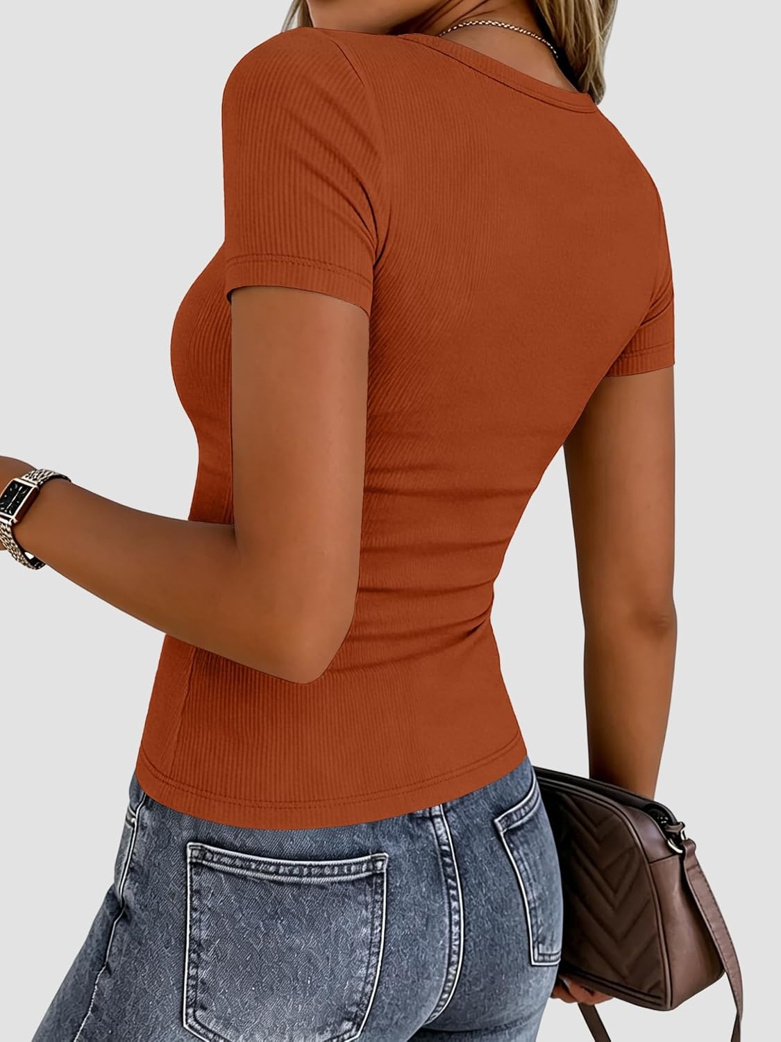 image:imageZeagoo Womens Ribbed Short Sleeve Tops Crewneck Stretch Basic Tshirt S2XLCaramel