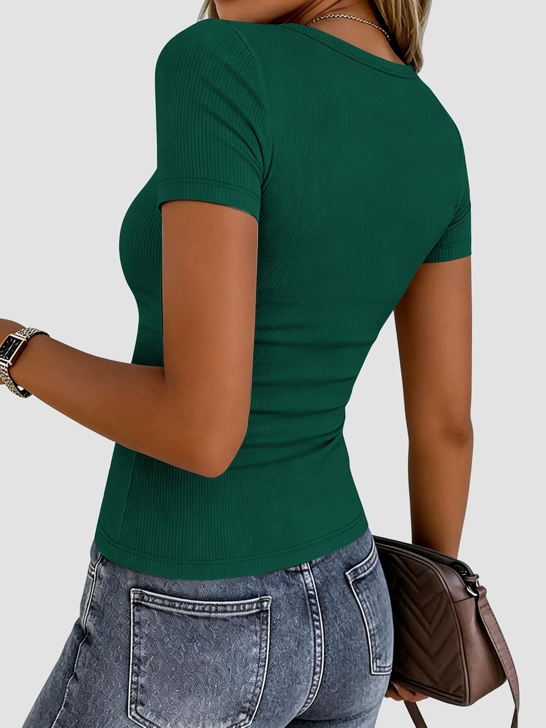 image:imageZeagoo Womens Ribbed Short Sleeve Tops Crewneck Stretch Basic Tshirt S2XLDark Green