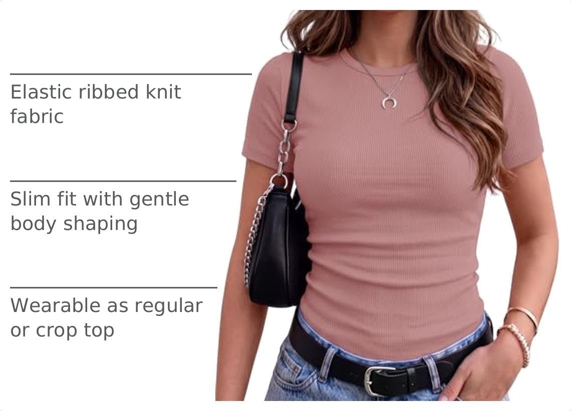 image:imageZeagoo Womens Ribbed Short Sleeve Tops Crewneck Stretch Basic Tshirt S2XLDusty Pink