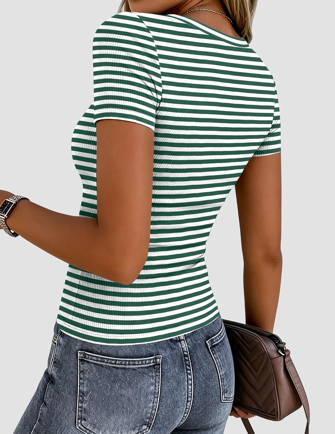 image:imageZeagoo Womens Ribbed Short Sleeve Tops Crewneck Stretch Basic Tshirt S2XLGreen Stripe