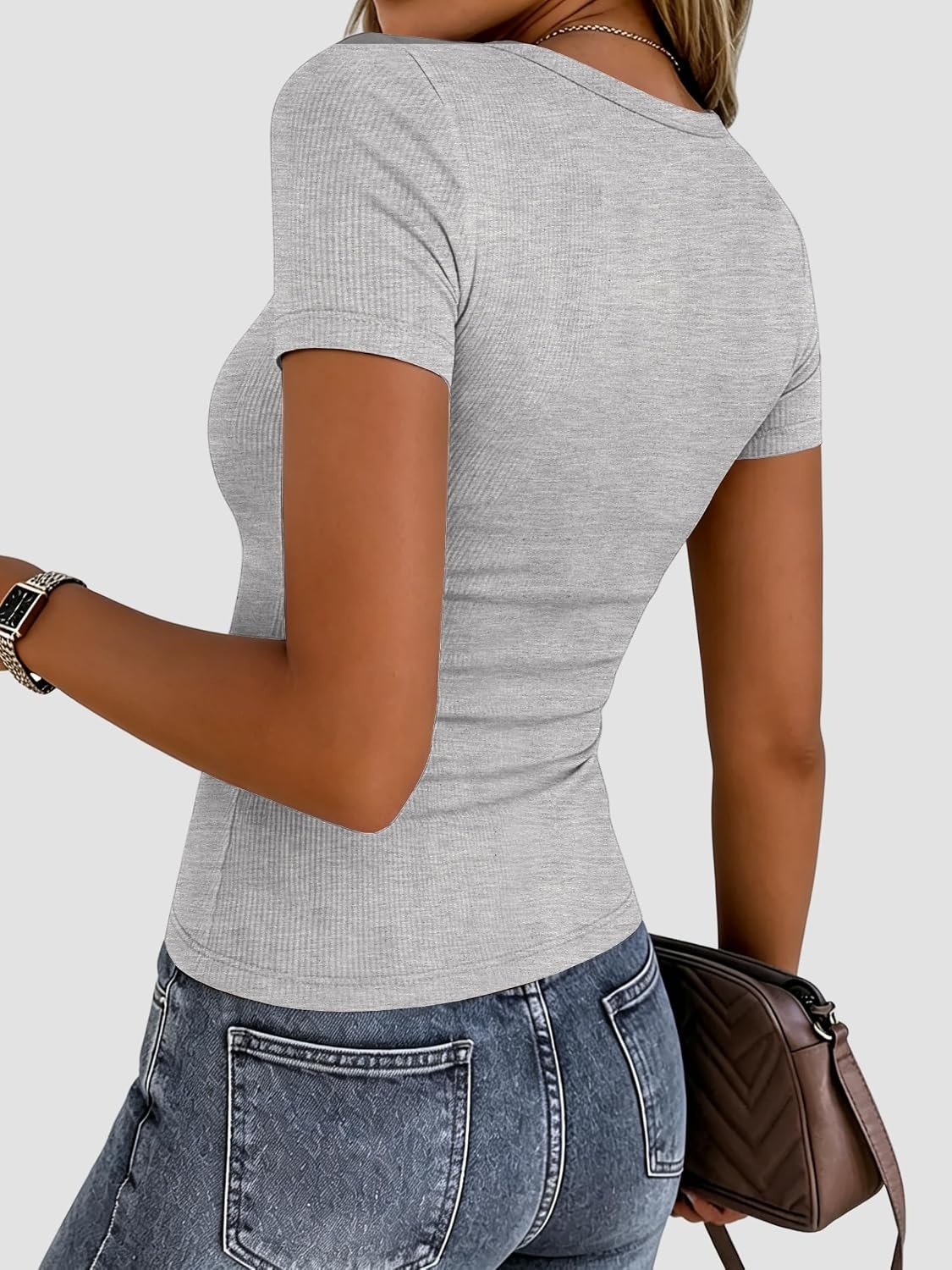 image:imageZeagoo Womens Ribbed Short Sleeve Tops Crewneck Stretch Basic Tshirt S2XLGrey