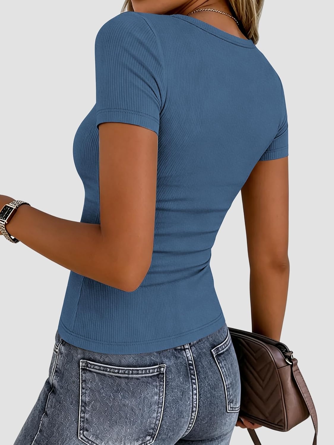 image:imageZeagoo Womens Ribbed Short Sleeve Tops Crewneck Stretch Basic Tshirt S2XLGrey Blue