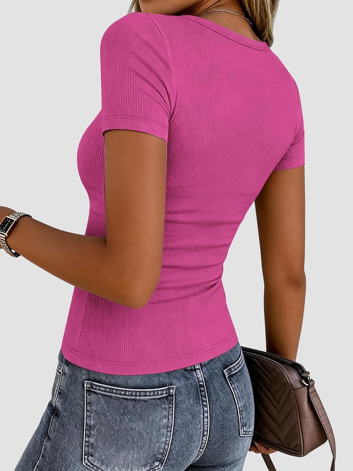 image:imageZeagoo Womens Ribbed Short Sleeve Tops Crewneck Stretch Basic Tshirt S2XLHot Pink