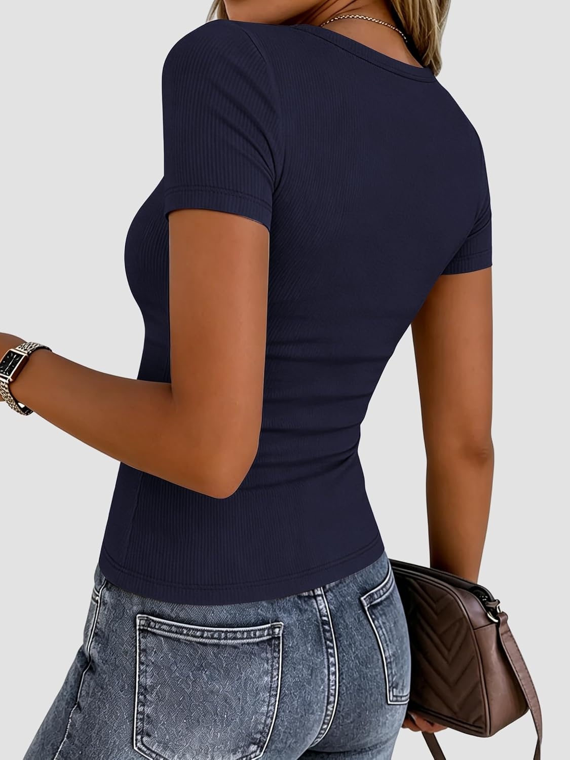 image:imageZeagoo Womens Ribbed Short Sleeve Tops Crewneck Stretch Basic Tshirt S2XLNavy Blue