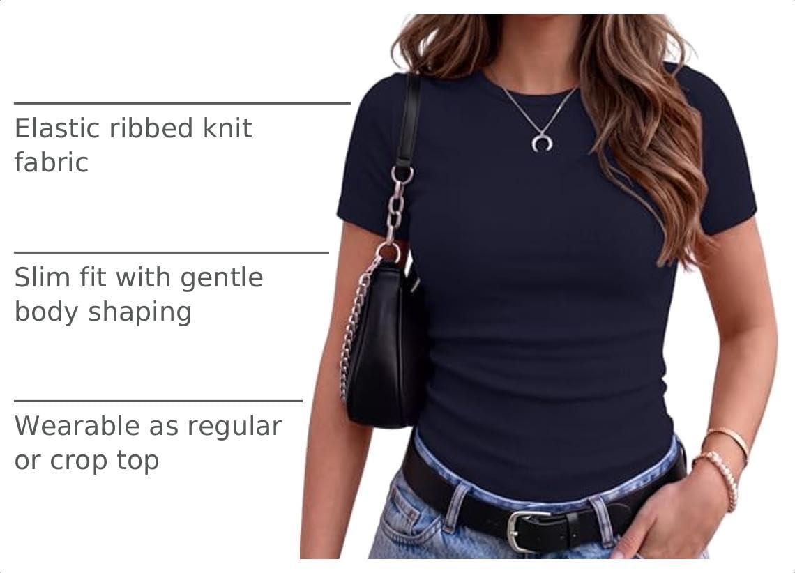 image:imageZeagoo Womens Ribbed Short Sleeve Tops Crewneck Stretch Basic Tshirt S2XLNavy Blue