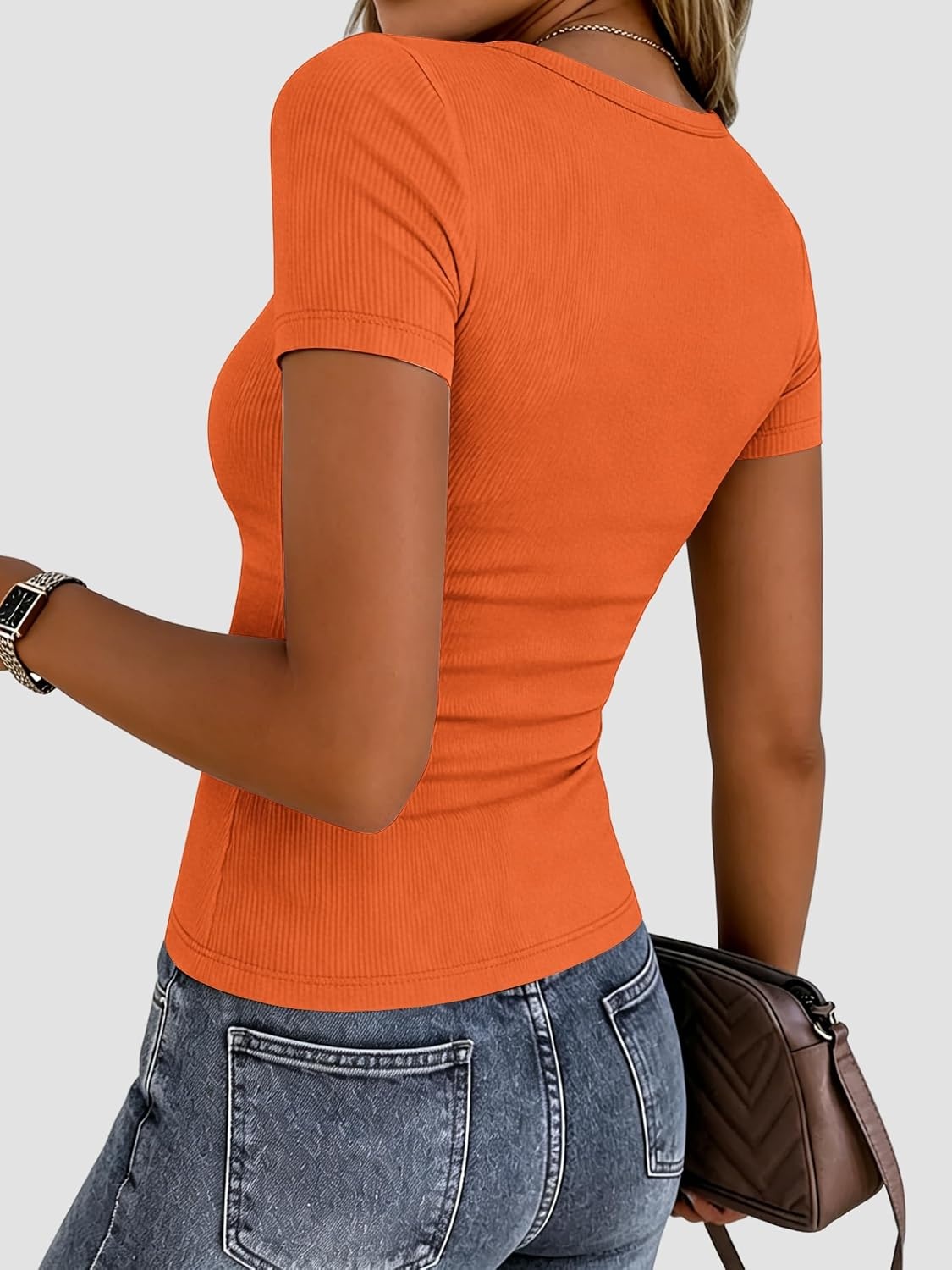 image:imageZeagoo Womens Ribbed Short Sleeve Tops Crewneck Stretch Basic Tshirt S2XLOrange