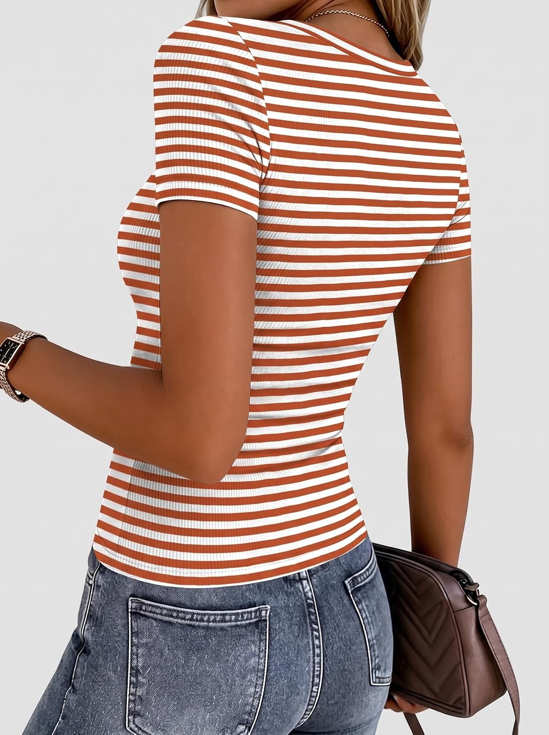 image:imageZeagoo Womens Ribbed Short Sleeve Tops Crewneck Stretch Basic Tshirt S2XLOrange Stripe