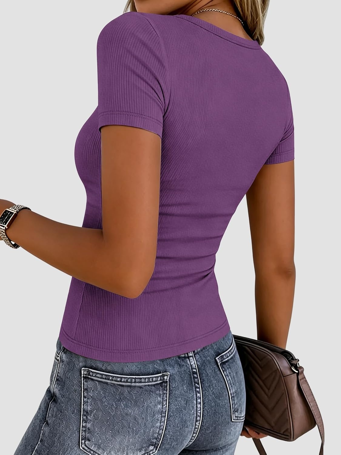 image:imageZeagoo Womens Ribbed Short Sleeve Tops Crewneck Stretch Basic Tshirt S2XLPurple