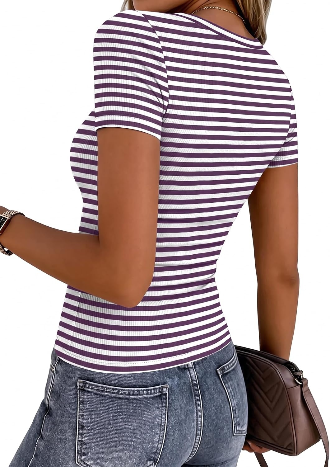 image:imageZeagoo Womens Ribbed Short Sleeve Tops Crewneck Stretch Basic Tshirt S2XLPurple Stripe