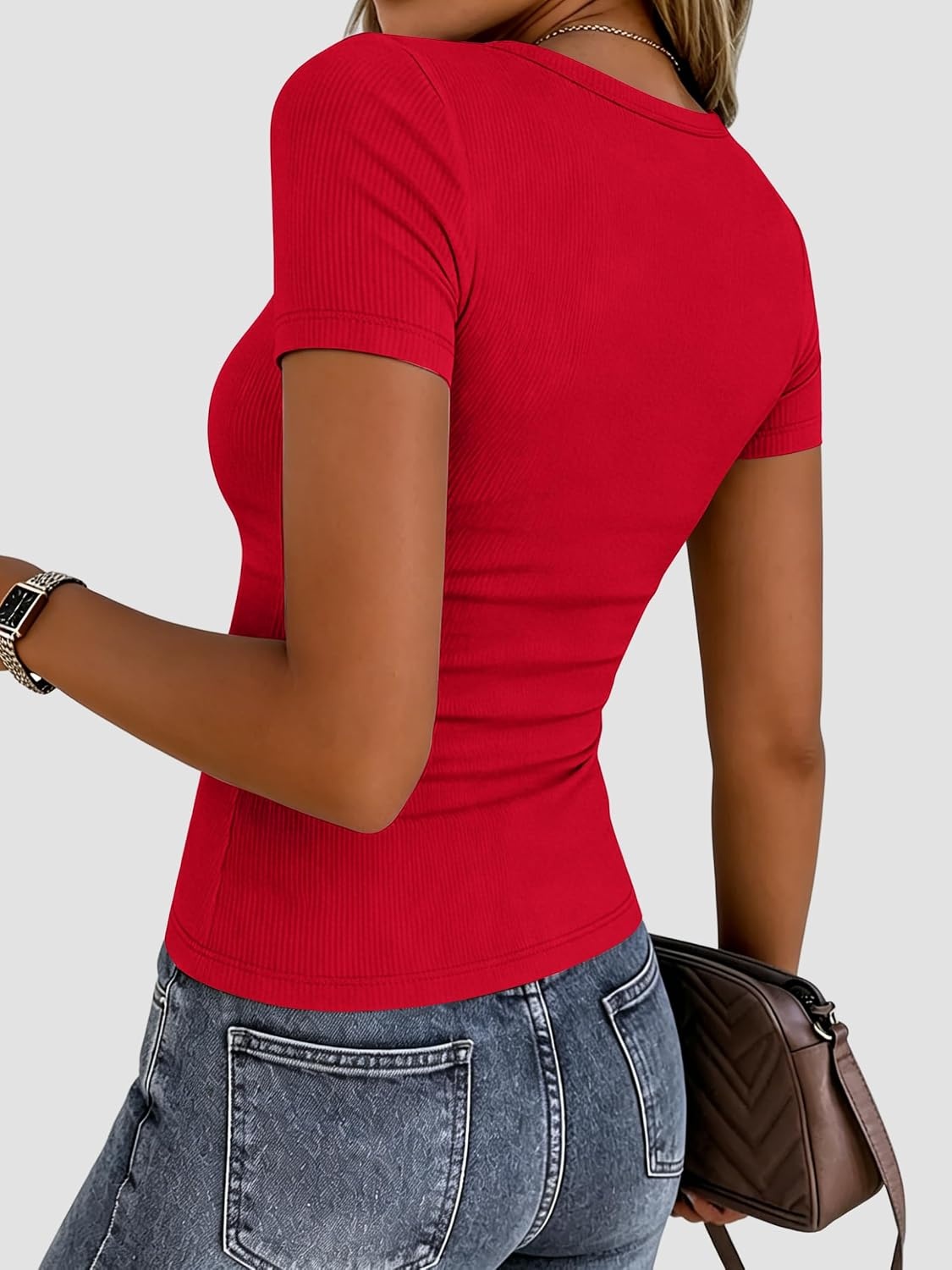 image:imageZeagoo Womens Ribbed Short Sleeve Tops Crewneck Stretch Basic Tshirt S2XLRed