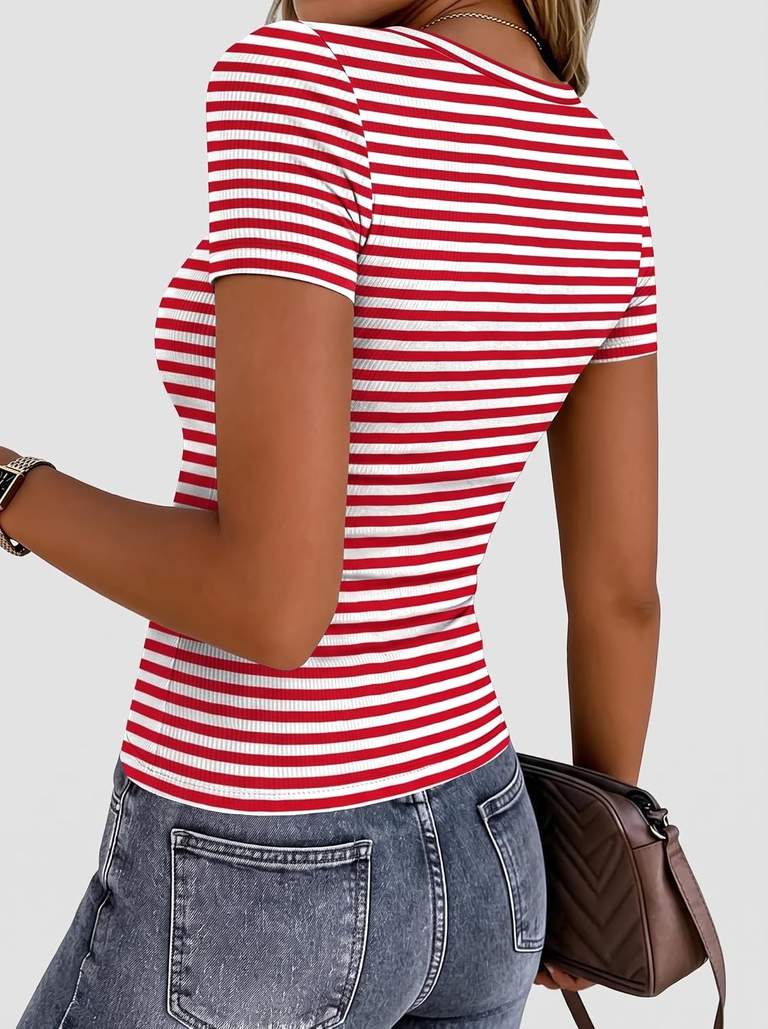 image:imageZeagoo Womens Ribbed Short Sleeve Tops Crewneck Stretch Basic Tshirt S2XLRed Stripe