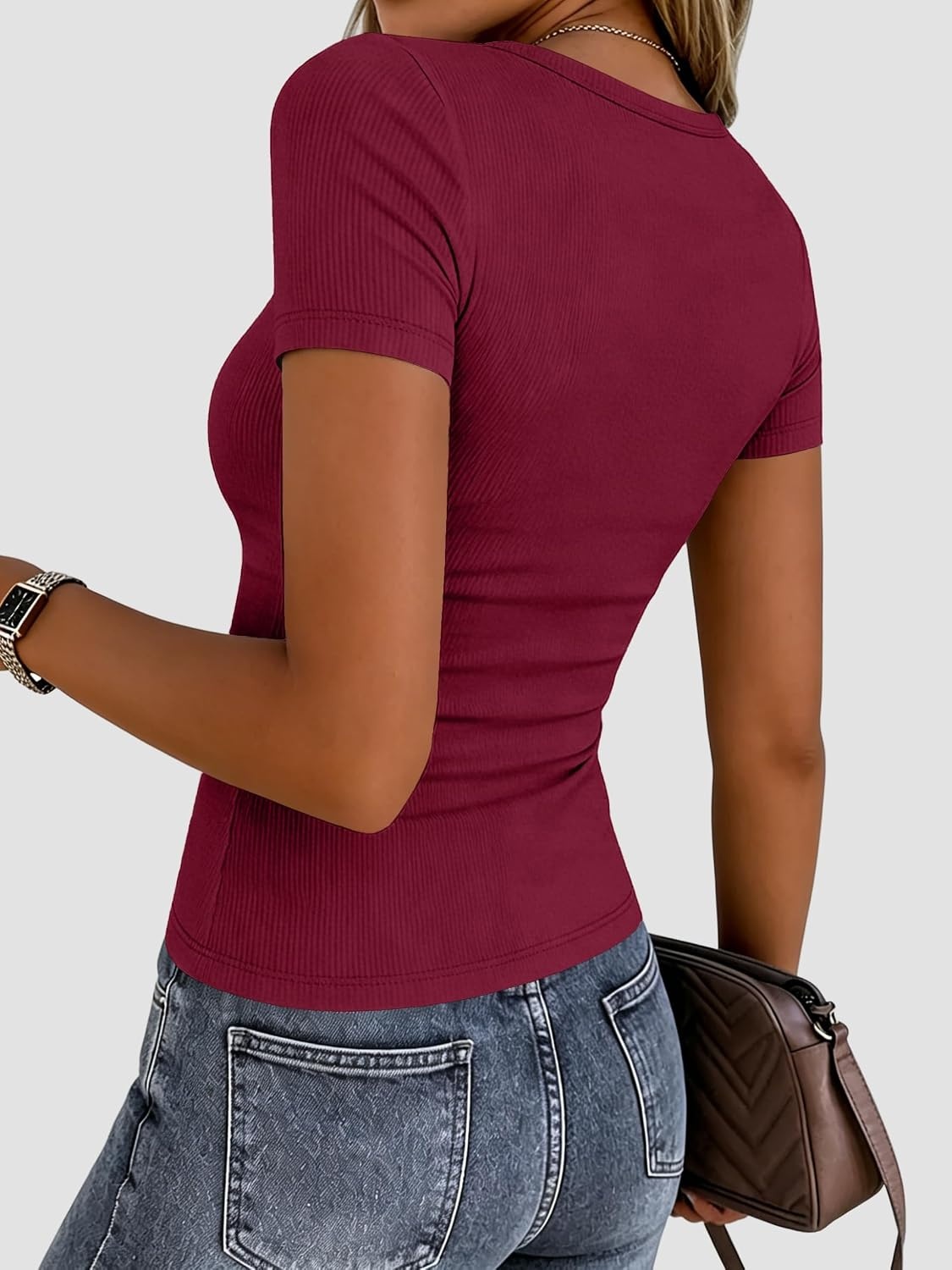 image:imageZeagoo Womens Ribbed Short Sleeve Tops Crewneck Stretch Basic Tshirt S2XLWine Red